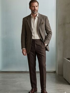 **MEN’S BROWN PLAID BLAZER & TROUSERS SET SIZE 42S WOOL CLASSIC TAILORED SUIT SM